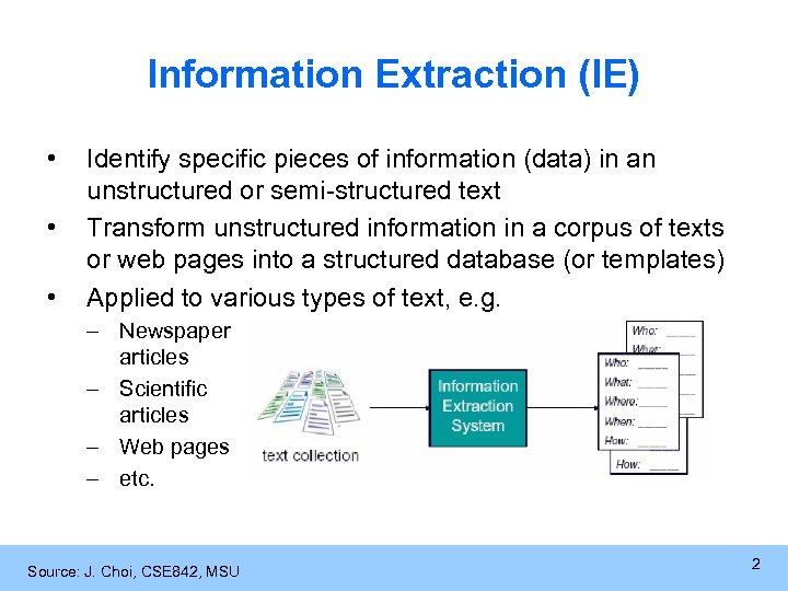 Information Extraction (IE) • • • Identify specific pieces of information (data) in an