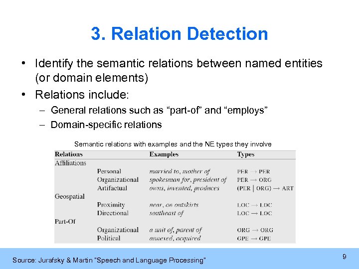 3. Relation Detection • Identify the semantic relations between named entities (or domain elements)