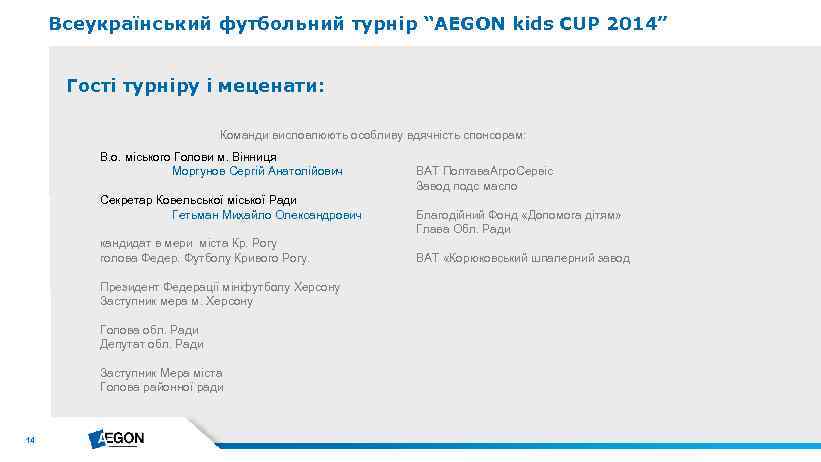 Всеукраїнський футбольний турнір “AEGON kids CUP 2014” Гості турніру і меценати: Команди висловлюють особливу