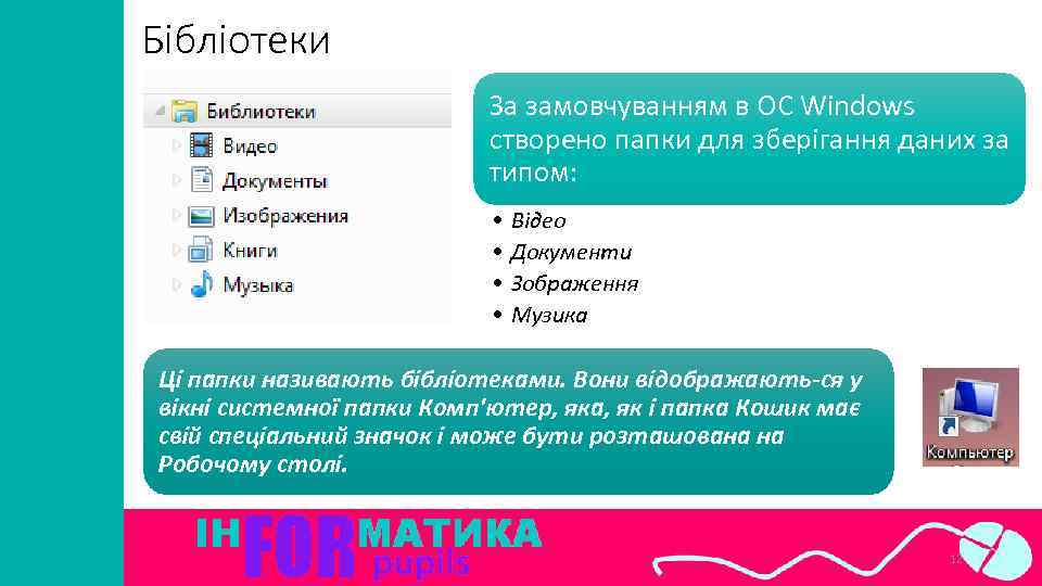 Бібліотеки За замовчуванням в ОС Windows створено папки для зберігання даних за типом: •