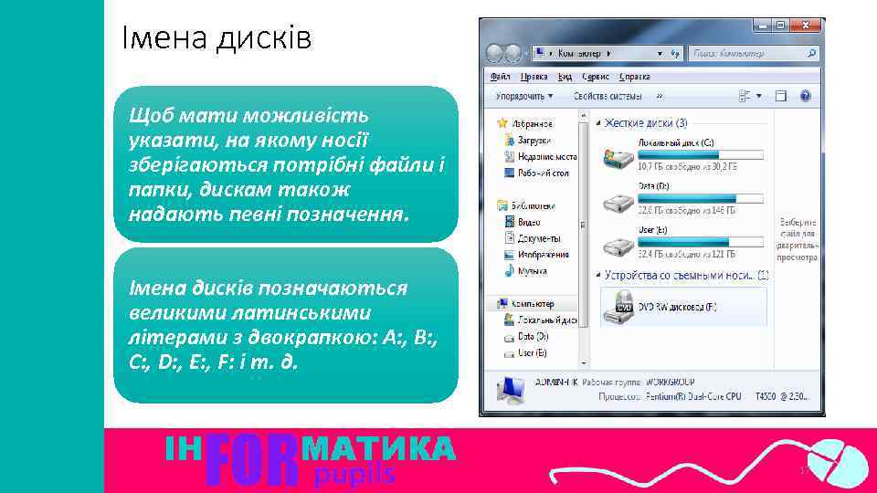 Імена дисків Щоб мати можливість указати, на якому носії зберігаються потрібні файли і папки,