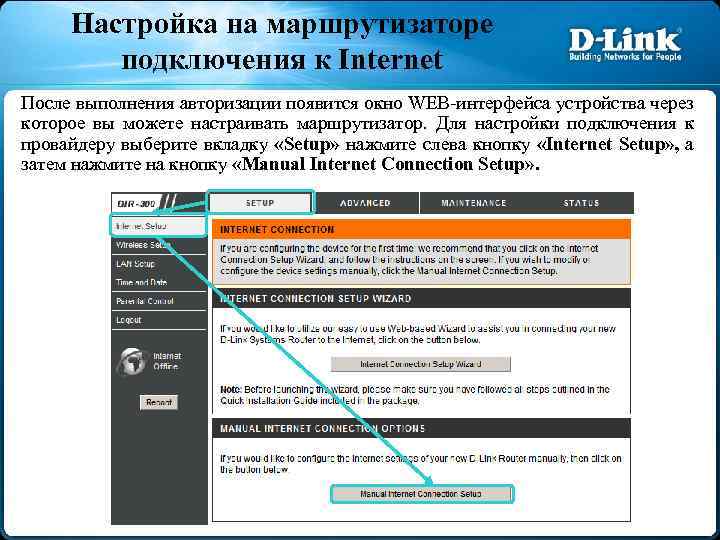 Настройка на маршрутизаторе подключения к Internet После выполнения авторизации появится окно WEB-интерфейса устройства через