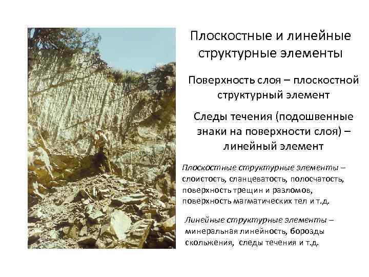 Плоскостные и линейные структурные элементы Поверхность слоя – плоскостной структурный элемент Следы течения (подошвенные
