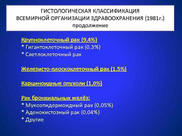 ГИСТОЛОГИЧЕСКАЯ КЛАССИФИКАЦИЯ ВСЕМИРНОЙ ОРГАНИЗАЦИИ ЗДРАВООХРАНЕНИЯ (1981 г. ) продолжение Крупноклеточный рак (9, 4%) *