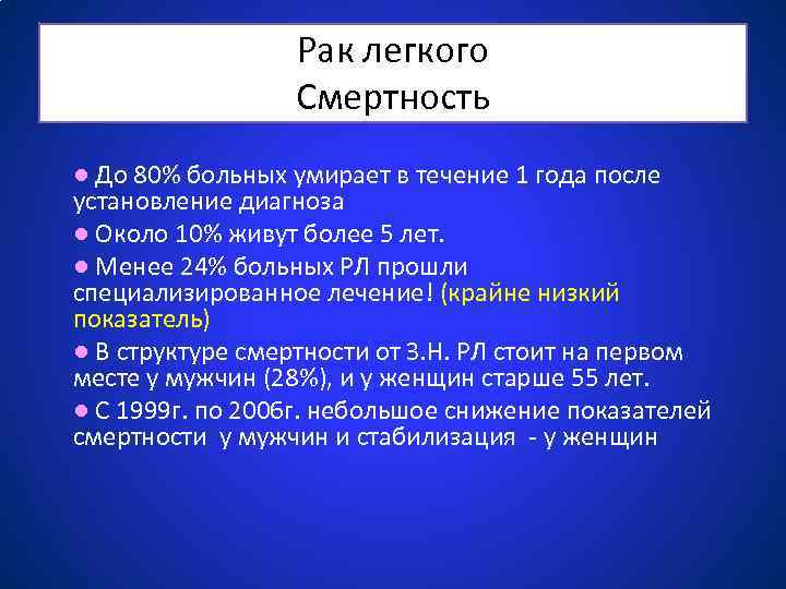 Рак легкого Смертность ● До 80% больных умирает в течение 1 года после установление