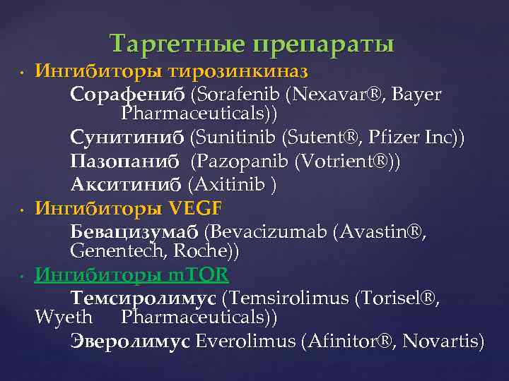 Таргетные препараты • • • Ингибиторы тирозинкиназ Сорафениб (Sorafenib (Nexavar®, Bayer Pharmaceuticals)) Сунитиниб (Sunitinib