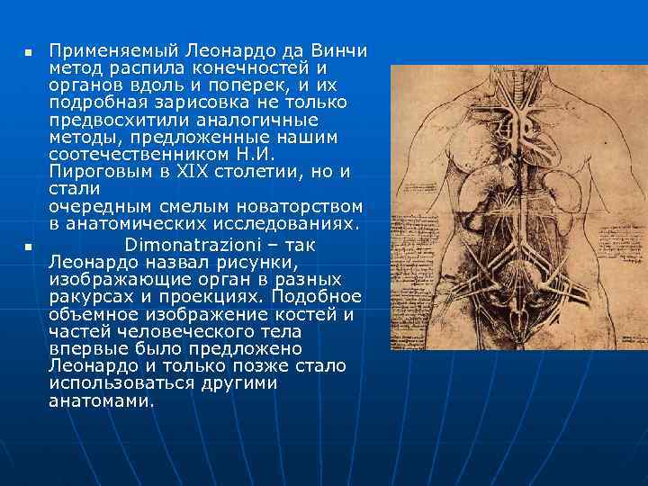 n n Применяемый Леонардо да Винчи метод распила конечностей и органов вдоль и поперек,