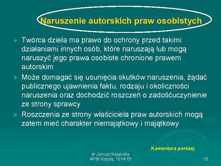 Naruszenie autorskich praw osobistych Twórca dzieła ma prawo do ochrony przed takimi działaniami innych