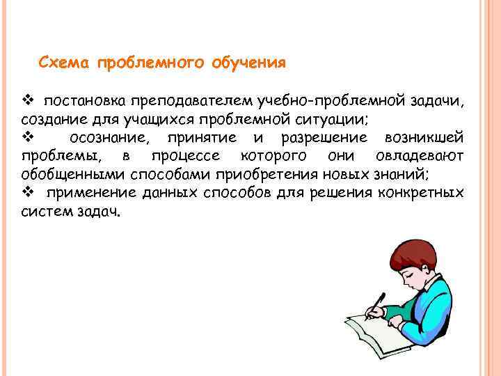 Схема проблемного обучения v постановка преподавателем учебно-проблемной задачи, создание для учащихся проблемной ситуации; v