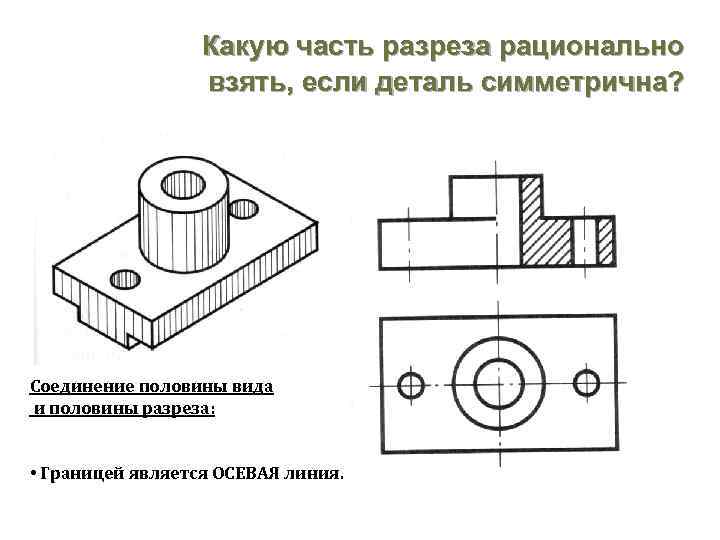 Какую часть разреза рационально взять, если деталь симметрична? Соединение половины вида и половины разреза: