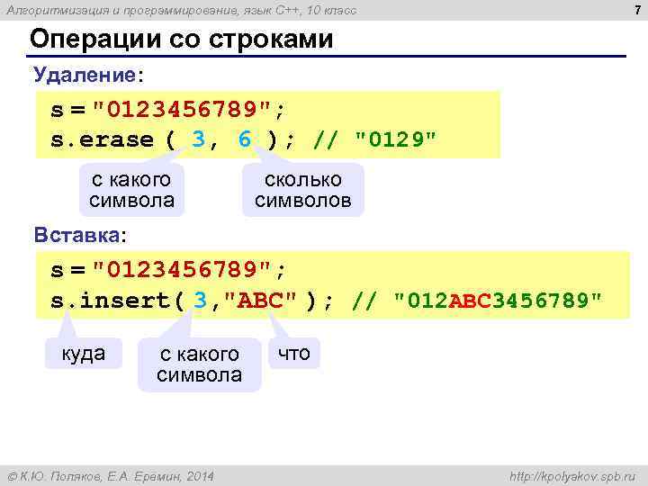 7 Алгоритмизация и программирование, язык C++, 10 класс Операции со строками Удаление: s =