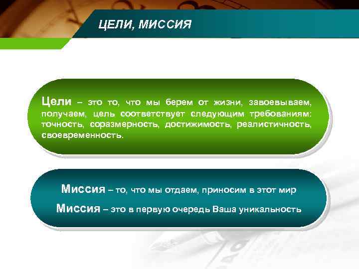 ЦЕЛИ, МИССИЯ Цели – это то, что мы берем от жизни, завоевываем, получаем, цель