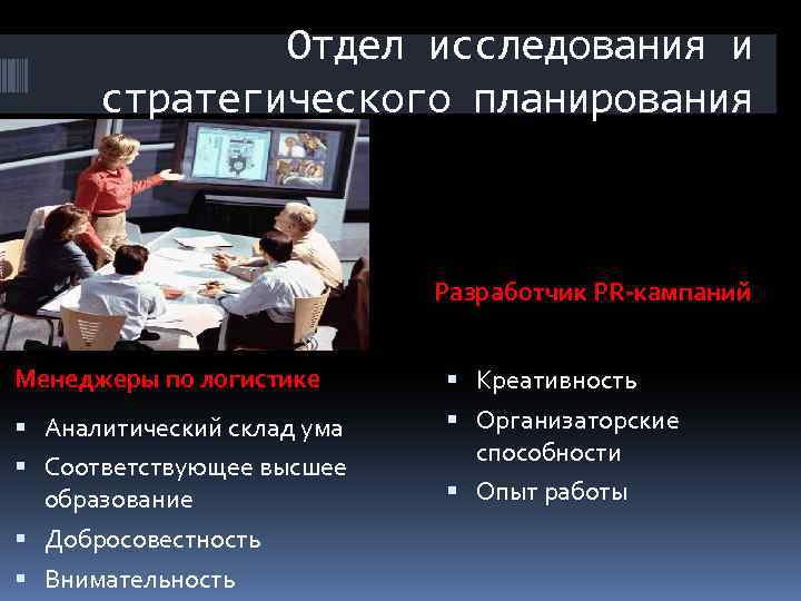 Отдел исследования и стратегического планирования Разработчик PR-кампаний Менеджеры по логистике Креативность Аналитический склад ума