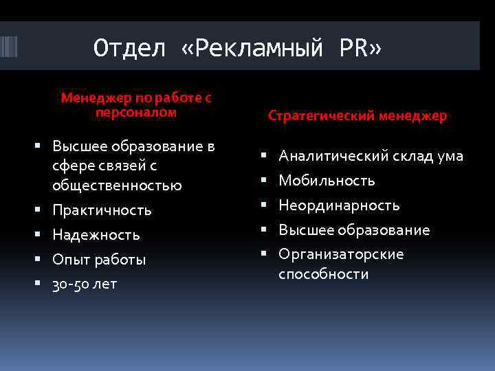 Отдел «Рекламный PR» Менеджер по работе с персоналом Высшее образование в сфере связей с