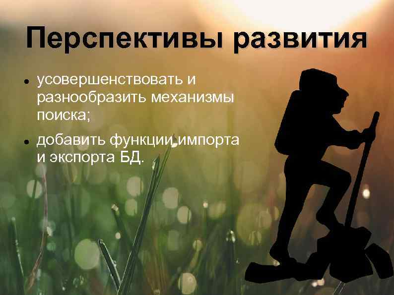 Перспективы развития усовершенствовать и разнообразить механизмы поиска; добавить функции импорта и экспорта БД. 