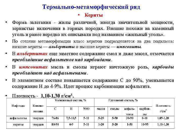 Термально-метаморфический ряд • Кериты • Форма залегания - жилы различной, иногда значительной мощности, зернистые