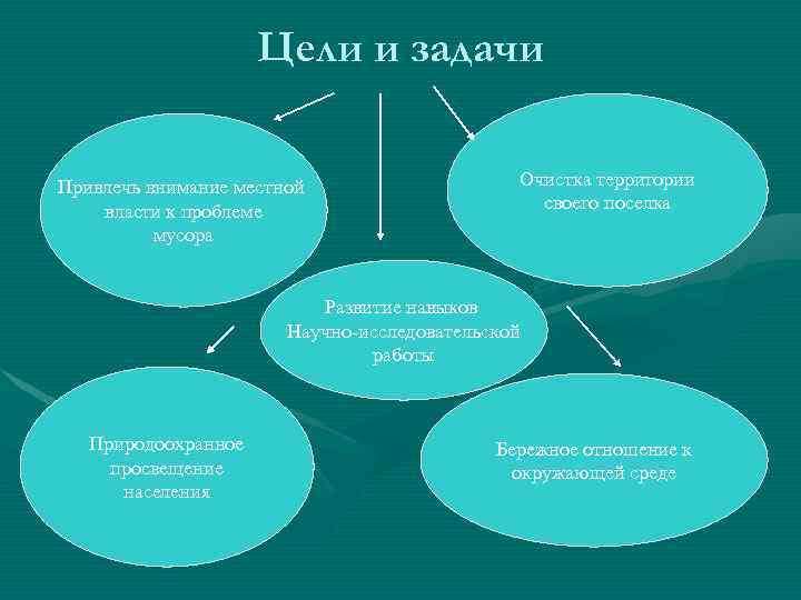 Цели и задачи Привлечь внимание местной власти к проблеме мусора Очистка территории своего поселка