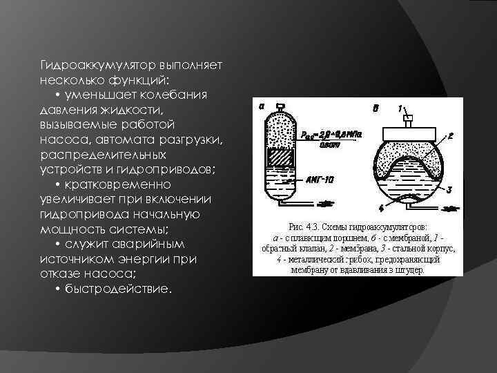Гидроаккумулятор выполняет несколько функций: • уменьшает колебания давления жидкости, вызываемые работой насоса, автомата разгрузки,