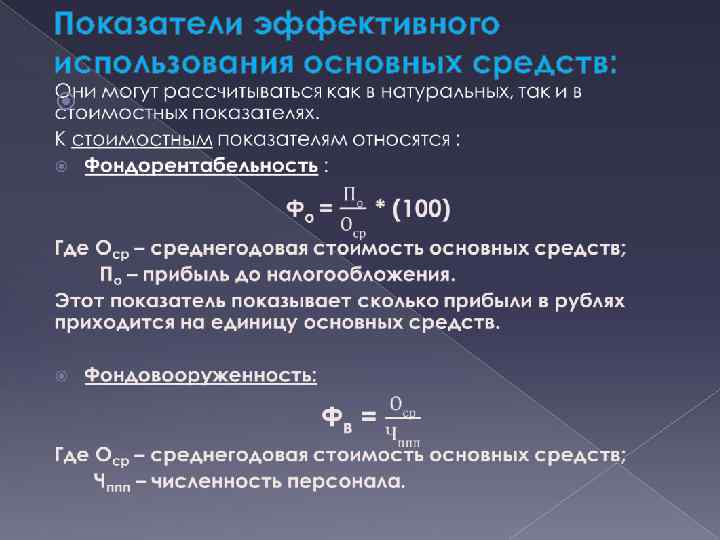 Показатели эффективного использования основных средств: 