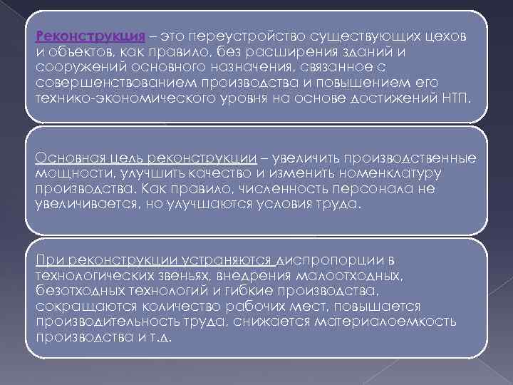 Реконструкция – это переустройство существующих цехов и объектов, как правило, без расширения зданий и