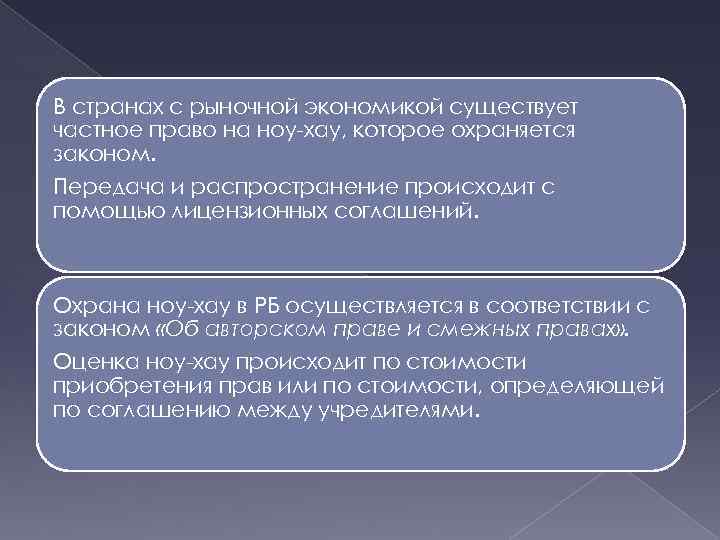 В странах с рыночной экономикой существует частное право на ноу-хау, которое охраняется законом. Передача