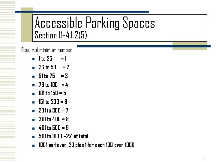 Accessible Parking Spaces Section 11 -4. 1. 2(5) Required minimum number n 1 to