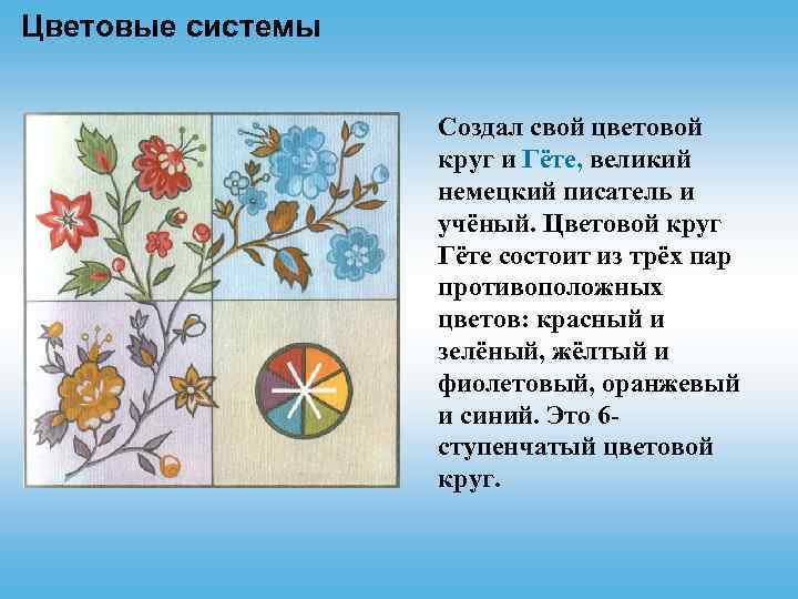 Цветовые системы Cоздал свой цветовой круг и Гёте, великий немецкий писатель и учёный. Цветовой