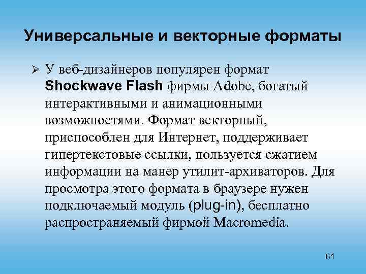 Универсальные и векторные форматы Ø У веб-дизайнеров популярен формат Shockwave Flash фирмы Adobe, богатый