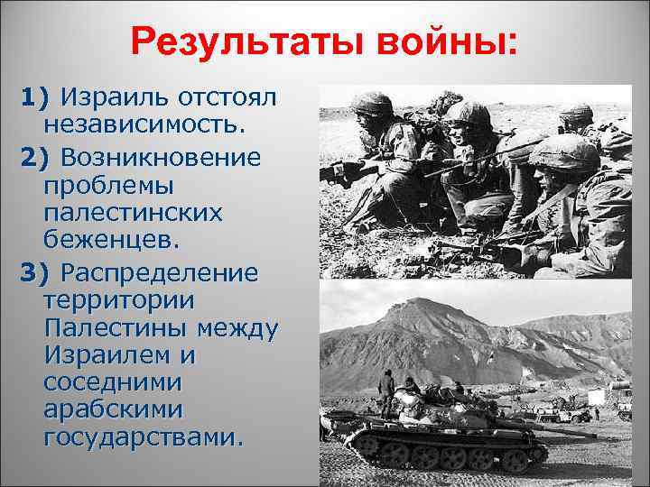 Результаты войны: 1) Израиль отстоял независимость. 2) Возникновение проблемы палестинских беженцев. 3) Распределение территории