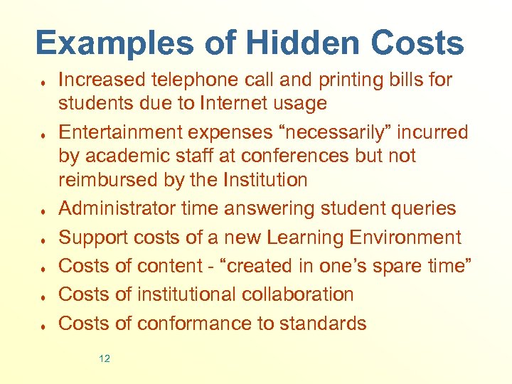 Examples of Hidden Costs ¨ ¨ ¨ ¨ Increased telephone call and printing bills