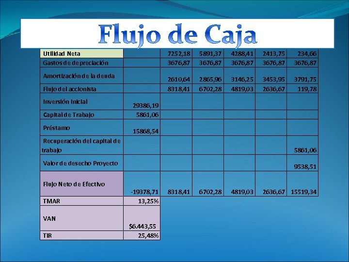  Utilidad Neta Gastos de depreciación Amortización de la deuda Flujo del accionista 7252,