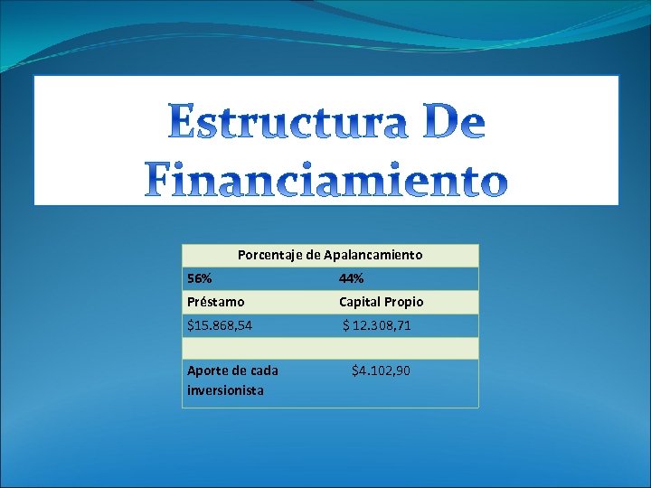 Porcentaje de Apalancamiento 56% 44% Préstamo Capital Propio $15. 868, 54 $ 12. 308,