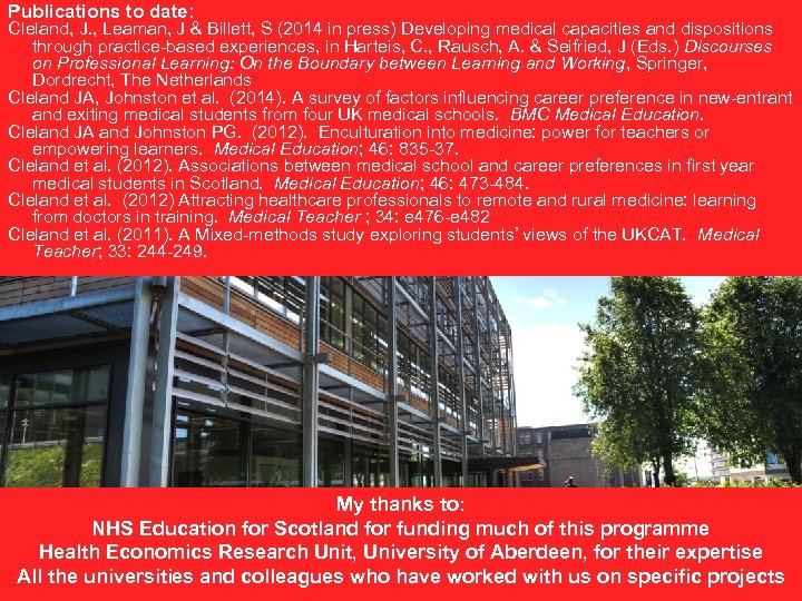 Publications to date: Cleland, J. , Leaman, J & Billett, S (2014 in press)