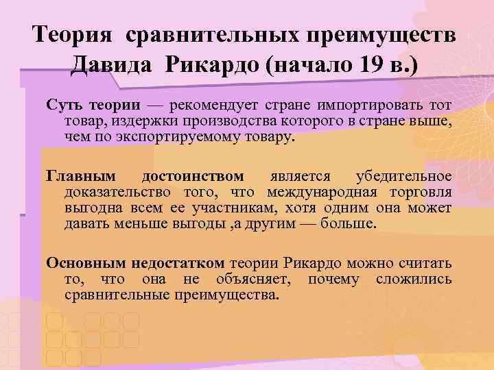 Теория сравнительных преимуществ Давида Рикардо (начало 19 в. ) Суть теории — рекомендует стране