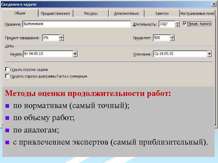 Методы оценки продолжительности работ: n по нормативам (самый точный); n по объему работ; n