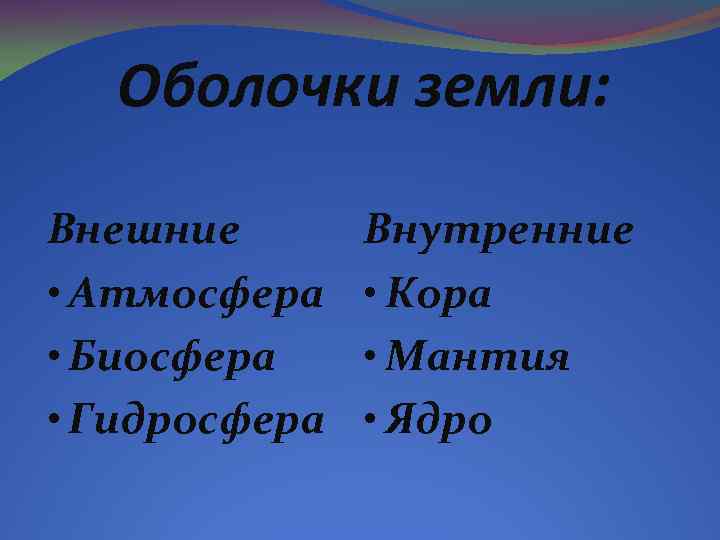 Оболочки земли: Внешние • Атмосфера • Биосфера • Гидросфера Внутренние • Кора • Мантия