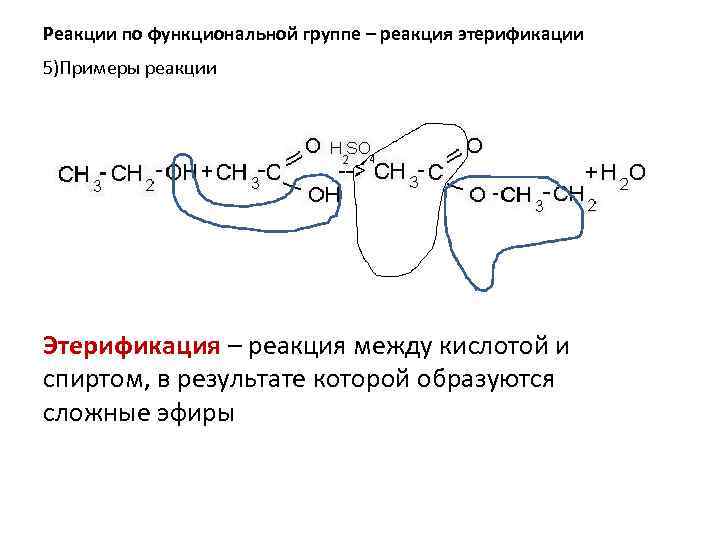 Реакции по функциональной группе – реакция этерификации 5)Примеры реакции Этерификация – реакция между кислотой