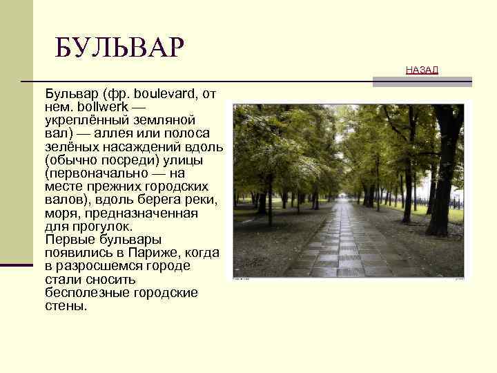 БУЛЬВАР НАЗАД Бульвар (фр. boulevard, от нем. bollwerk — укреплённый земляной вал) — аллея