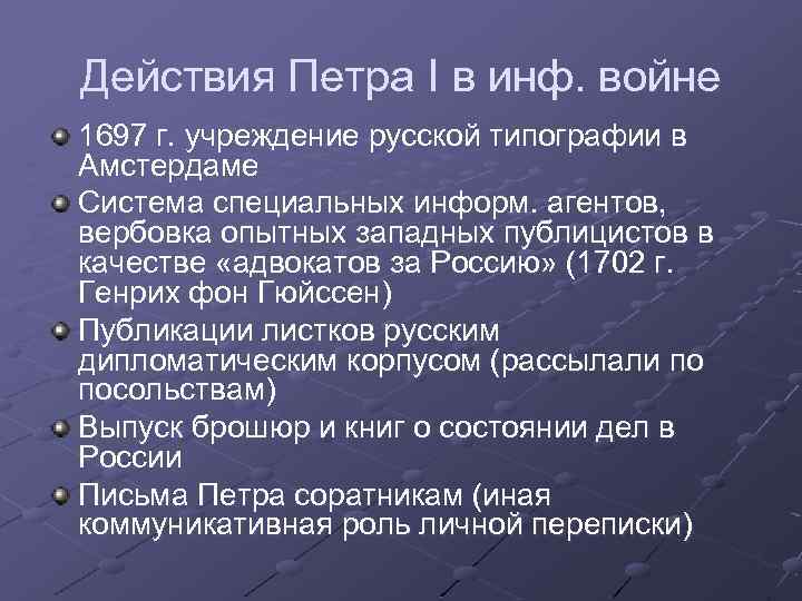 Действия Петра I в инф. войне 1697 г. учреждение русской типографии в Амстердаме Система