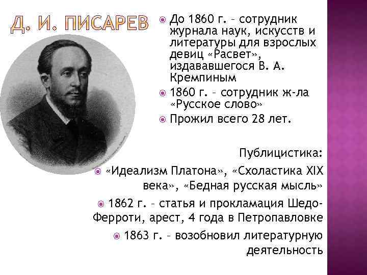 До 1860 г. – сотрудник журнала наук, искусств и литературы для взрослых девиц «Расвет»