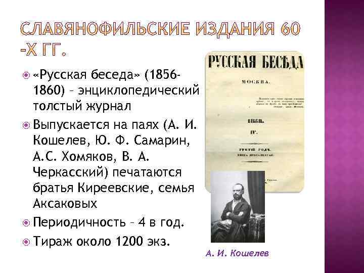  «Русская беседа» (18561860) – энциклопедический толстый журнал Выпускается на паях (А. И. Кошелев,