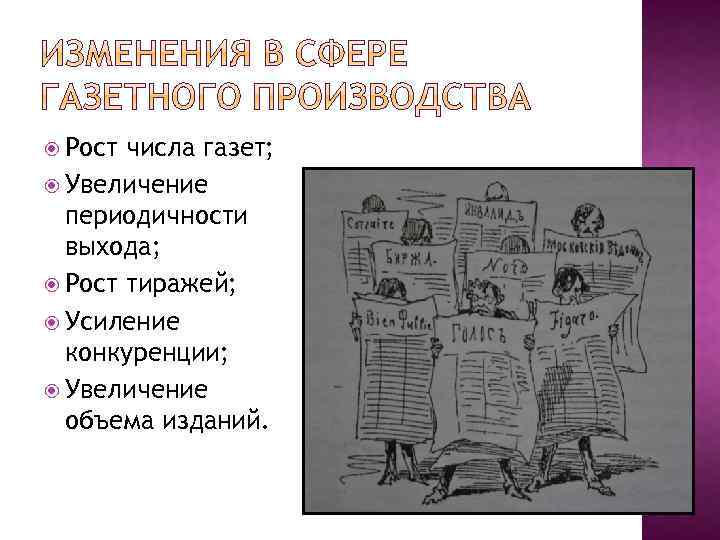  Рост числа газет; Увеличение периодичности выхода; Рост тиражей; Усиление конкуренции; Увеличение объема изданий.