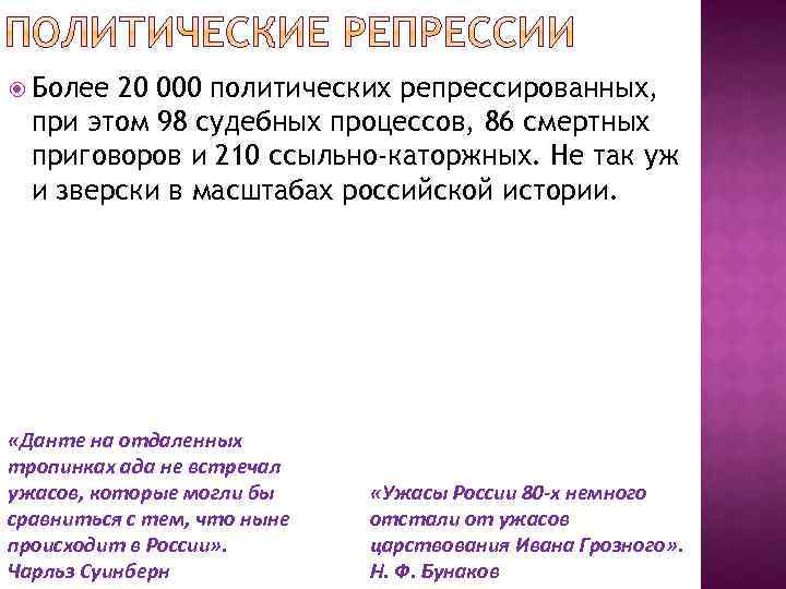  Более 20 000 политических репрессированных, при этом 98 судебных процессов, 86 смертных приговоров