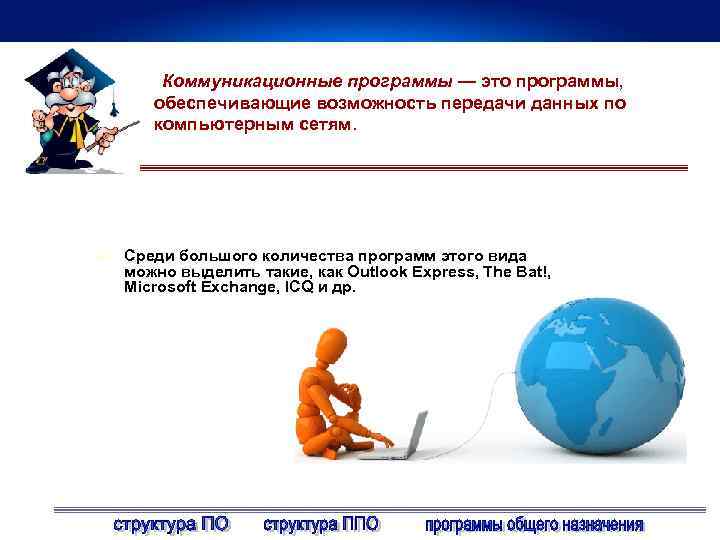 Коммуникационные программы — это программы, обеспечивающие возможность передачи данных по компьютерным сетям. l Среди