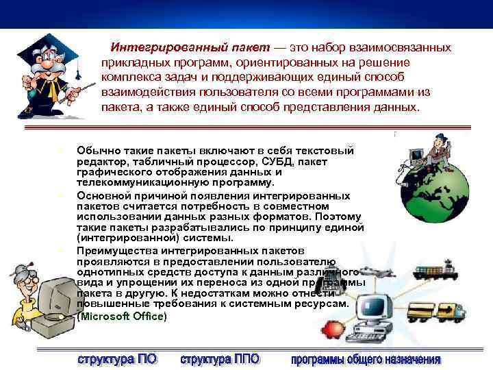 Интегрированный пакет — это набор взаимосвязанных прикладных программ, ориентированных на решение комплекса задач и