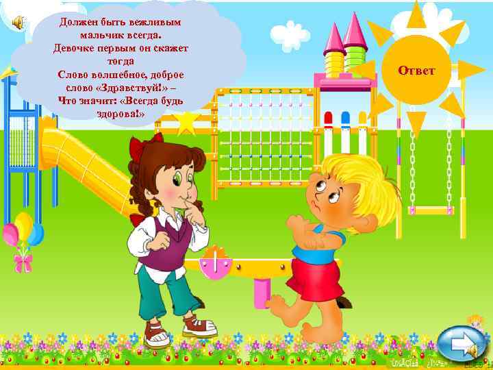 Должен быть вежливым мальчик всегда. Кто припервым он скажет Девочке встрече должен поздороваться первым: