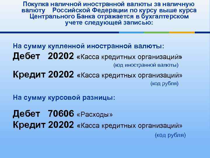  Покупка наличной иностранной валюты за наличную валюту Российской Федерации по курсу выше курса