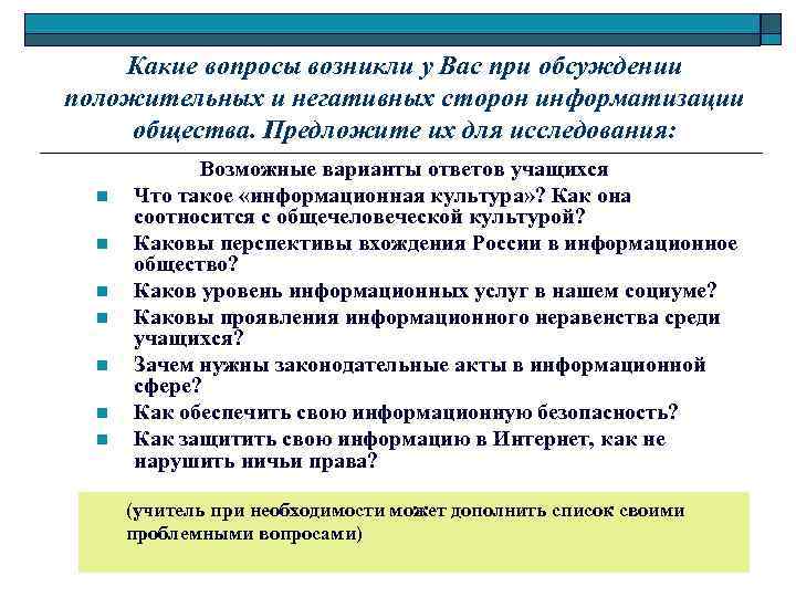 Какие вопросы возникли у Вас при обсуждении положительных и негативных сторон информатизации общества. Предложите