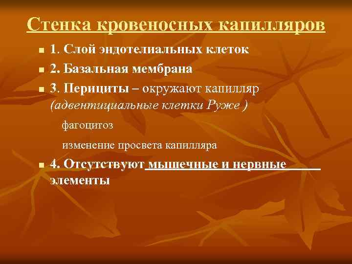 Стенка кровеносных капилляров n n n 1. Слой эндотелиальных клеток 2. Базальная мембрана 3.