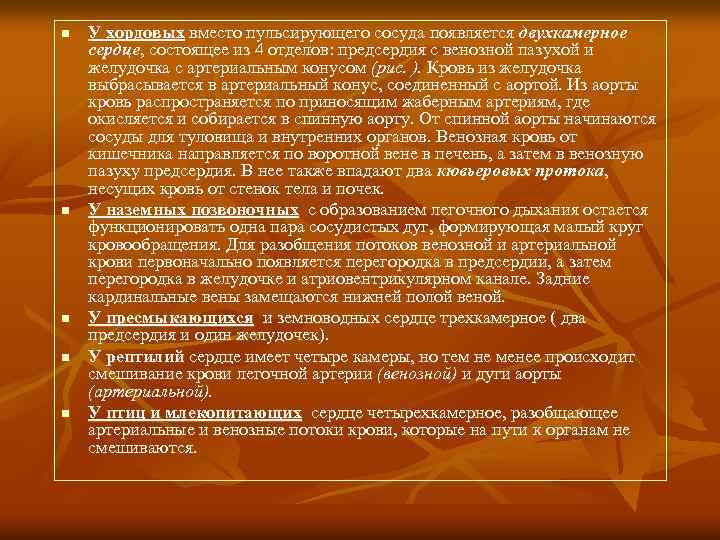 n n n У хордовых вместо пульсирующего сосуда появляется двухкамерное сердце, состоящее из 4